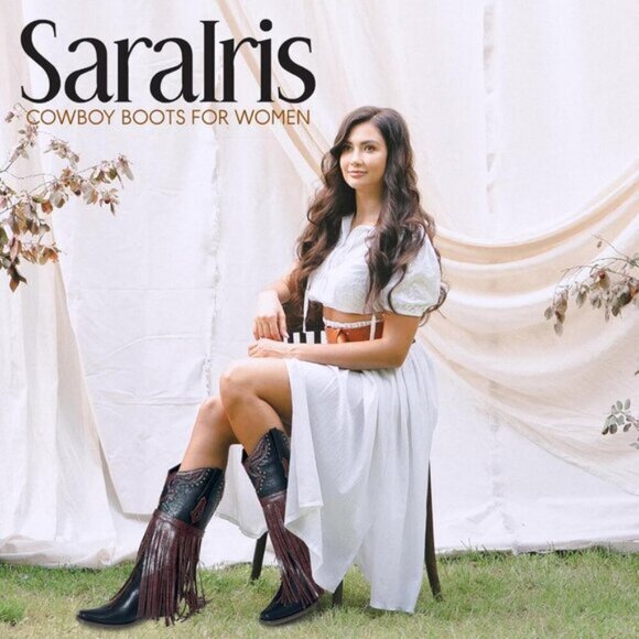 SaraIris Women's Western Booties | Black Pointed Toe Fringe Mid-Calf Cowgirl - Picture 2 of 7